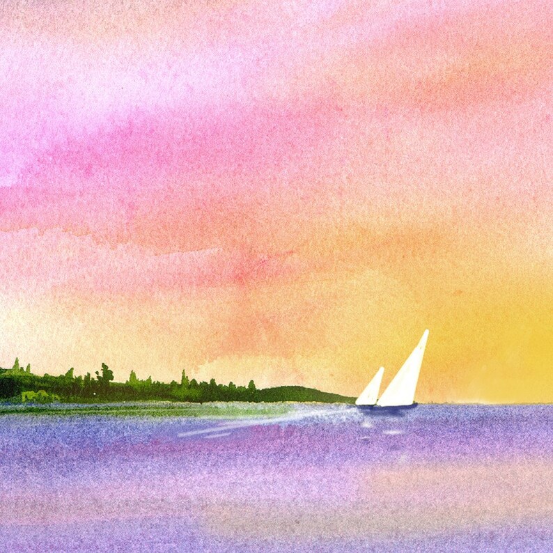 Island Sunset, Sailing, Watercolor Print, Sailboats, Island, Colorful Sky, Calm, Orange, Blue, Pink image 3