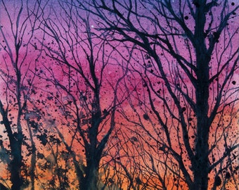 Tanglewood III, Aquarelle, Ciel coloré, Silhouette Arbres, Coucher de soleil, Étoiles, Rose, Orange, Bleu