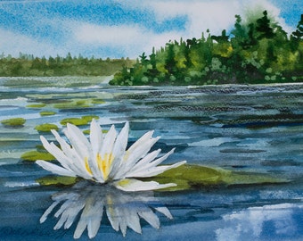 Annie's Lily, Watercolor Print, Maine, Pond, Green, Blue, Clouds, Water Lily