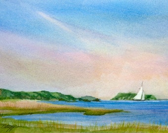 Afternoon Solitude, Watercolor Print, Sailboat, Seascape, Clouds, Blue, Estuary