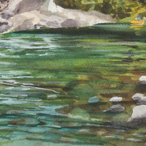 Rite of Passage, Watercolor Print, Stuart Fork River, Trinity Alps, Reflections, Trees, Northern California, Green, Woods, Bridge image 4