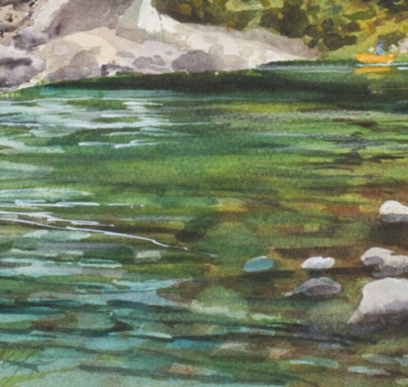 Rite de passage, Aquarelle, Stuart Fork River, Trinity Alps, Reflets, Arbres, Californie du Nord, Vert, Bois, Pont image 4