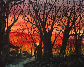 Home Before Dark, Watercolor Original Painting, Sunset Sky, Trees, Silhouette, Orange, Red
