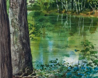 Saco River, Watercolor Original Painting, Maine, Reflections, Trees, Green, Woods