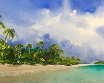 Life is a Beach, Watercolor Print, Seascape, Tropical, Sand, Palm Trees, Blue, Ocean, Green
