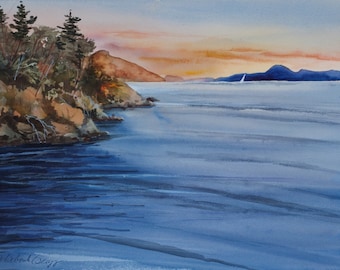 Madrona Point, Sunset, Orcas Island, Watercolor Giclée Print, San Juan Islands, Pacific Northwest, sailboat