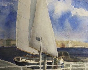 Sailboat // The Sloop // Sailboat Harbor Dock Watercolor Print