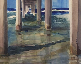 The Pier Watercolor Print, Scripps, La Jolla Shores, Seascape, San Diego, Beach