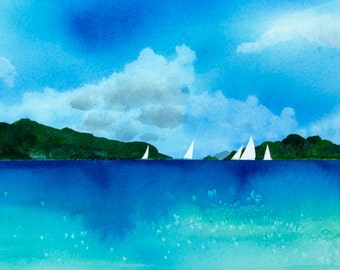 Azure Sea Watercolor Print, Seascape, Sailboats, Turquoise, Tropical Sailing, Islands, Blue