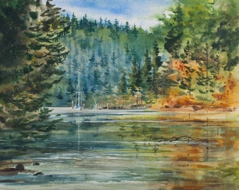 Tod Inlet, aquarelle giclée print, Colombie-Britannique, paysage marin, Pacifique Nord-Ouest, bateaux, arbres, île de Vancouver