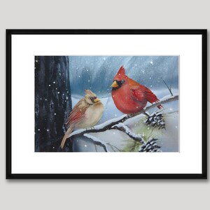 Cardinal Couple, Watercolor Print, Winter, Birds, Red, Snow image 3