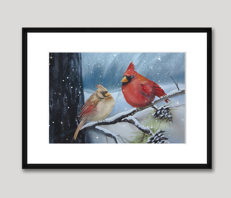 Cardinal Couple, Watercolor Print, Winter, Birds, Red, Snow image 3