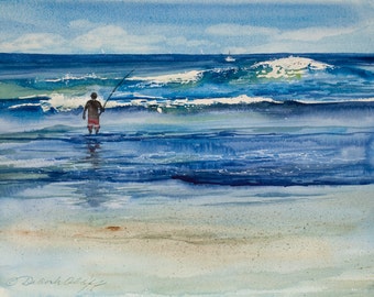 La Jolla Fisherman, Watercolor Print, Seascape, Beach, Wave, Coast, Fishing, California