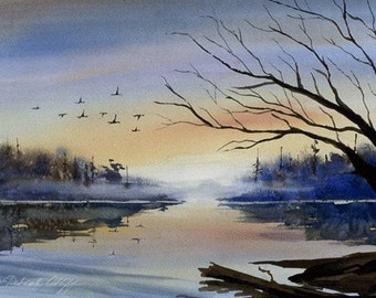 Misty Morning // Calm Lake // Sunrise // Sunset // Reflections // Watercolor Print