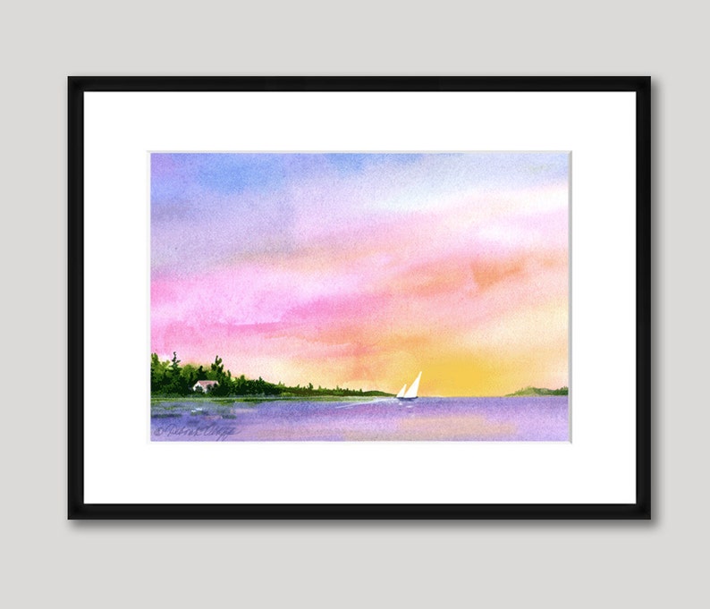 Island Sunset, Sailing, Watercolor Print, Sailboats, Island, Colorful Sky, Calm, Orange, Blue, Pink image 5