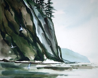 Cape Lookout Beach, Watercolor Print, Seascape, Oregon Coast, Green, Blue, Fog