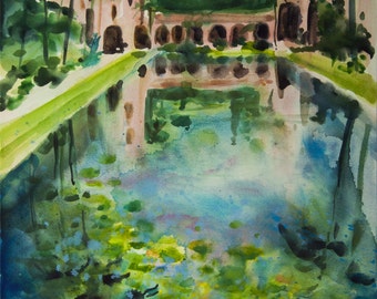 Reflections, Watercolor Print, Lily Pond, San Diego, Balboa Park, California, Clouds