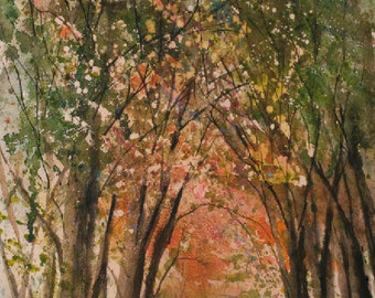 Confetti Forest, Watercolor Print, Woods, Trees, Lake, Fall Foliage, Autumn