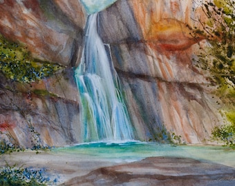 Acadia Imagined II, Watercolor Print, Waterfall, Spring, Canyon, Calf Creek Falls, Becoming Calder, Finding Eden, Mia Sheridan Author