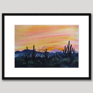 Desert Sunset, Watercolor Original, Southwest, Cactus, Sky, Silhouette image 4