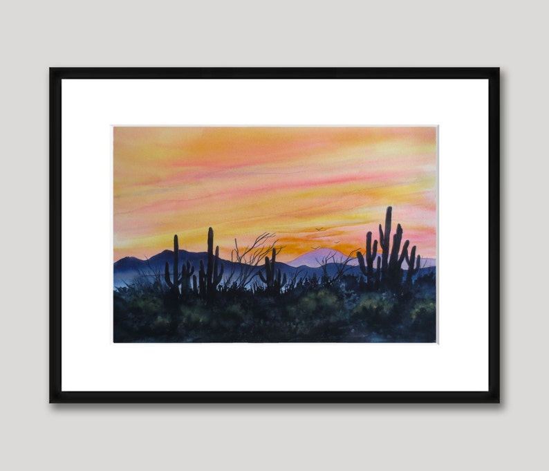 Desert Sunset, Watercolor Original, Southwest, Cactus, Sky, Silhouette image 4