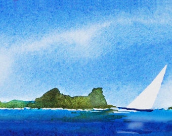 Day Sail, Watercolor Giclee Print, Imaginary Islands, Pacific, Clouds Sailboats, Seascape