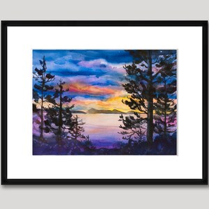 Orcas Island Sunset, Watercolor Giclée Print, Puget Sound, San Juan Islands, Silhouette, Trees zdjęcie 5