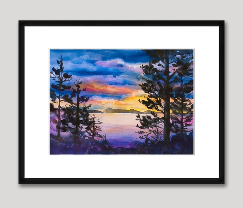 Orcas Island Sunset, Watercolor Giclée Print, Puget Sound, San Juan Islands, Silhouette, Trees image 5
