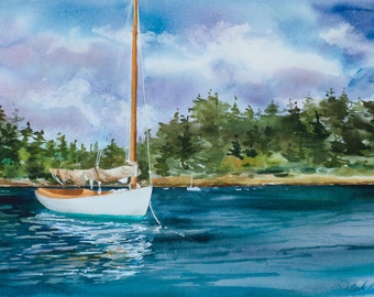 Overture in Deer Harbor, Watercolor Original, Orcas Island, San Juan Islands, Sailing, Boat, Beetle Cat, Clouds, Trees