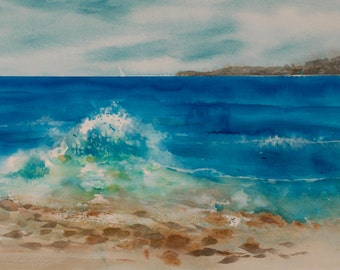 Seaside Wave II Watercolor Beach Original Painting California Coast, Blue, Green, Giclee Print, Interior Design and Decor