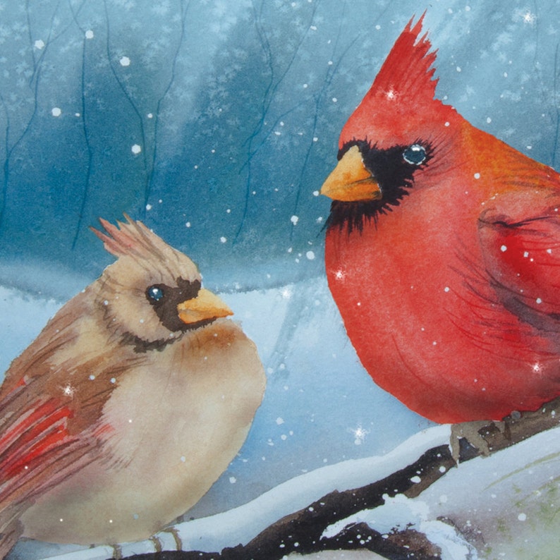 Cardinal Couple, Watercolor Print, Winter, Birds, Red, Snow image 2