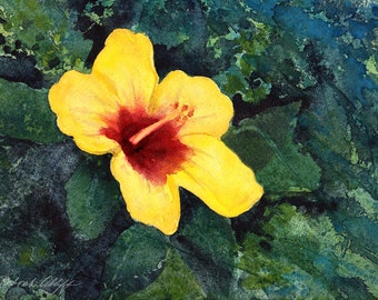 Hawaii, Hibiscus, Watercolor Original, State Flower, Yellow