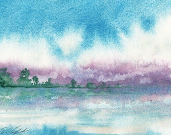 Purple Haze, Watercolor Print, Seascape, Turquoise, Clouds, Coast , Purple