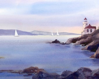 Lime Kiln, Lighthouse, Watercolor Print, San Juan Island, Dusk, Sailboats, Blue, Purple