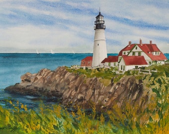 Portland Head, Lighthouse, Watercolor Print, Maine Coast, Historic Lighthouse