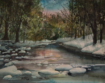 Dégel printanier / Aquarelle / Neige / Arbres / Rivière