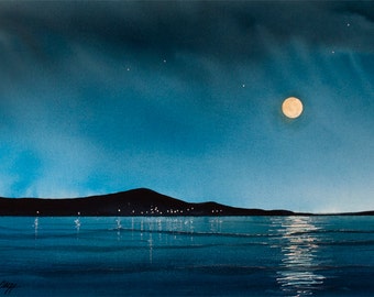 Moonrise on Lake Lola, Watercolor Print, Moonrise, Full Moon, Reflections, Twinkling Lights