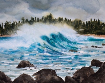 Tunnels Beach, Kauai, Watercolor Print, Seascape, Hawaiian Islands, Ocean, Clouds, Waves