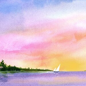 Island Sunset, Sailing, Watercolor Print, Sailboats, Island, Colorful Sky, Calm, Orange, Blue, Pink image 1