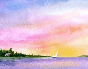 Island Sunset, Sailing, Watercolor Print, Sailboats, Island, Colorful Sky, Calm, Orange, Blue, Pink