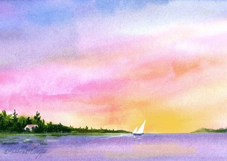 Island Sunset, Sailing, Watercolor Print, Sailboats, Island, Colorful Sky, Calm, Orange, Blue, Pink image 1