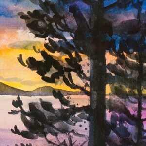 Coucher de soleil sur lîle dOrques, Aquarelle Giclée Print, Puget Sound, Îles San Juan, Silhouette, Arbres image 4