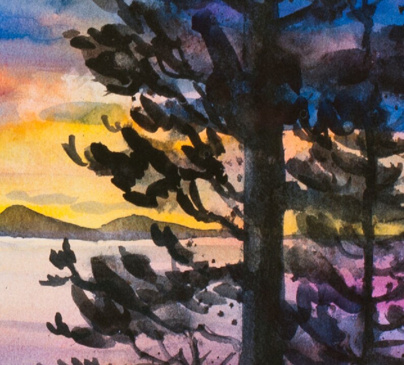 Coucher de soleil sur lîle dOrques, Aquarelle Giclée Print, Puget Sound, Îles San Juan, Silhouette, Arbres image 4