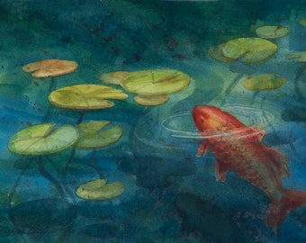 Lily Pond, Watercolor Print, Koi, Fish, Peaceful, Orange