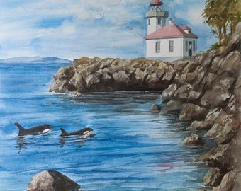 Lime Kiln II, Watercolor Print, Giclée, Lighthouse, San Juan Islands, Pacific Northwest, Whales, Orca