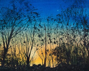 Tanglewood II, Watercolor Print, Sky, Sunset, Dramatic Sky, Silhouette, Trees, Venus, Dusk, Blue, Yellow, Gold