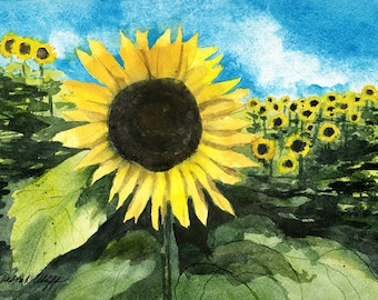 Kansas, Sunflower, Watercolor Original, State Flower, Yellow