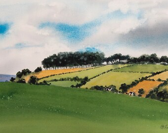 Greener Pastures, Watercolor Print, Green, English Countryside, Cows, Hills, Fields