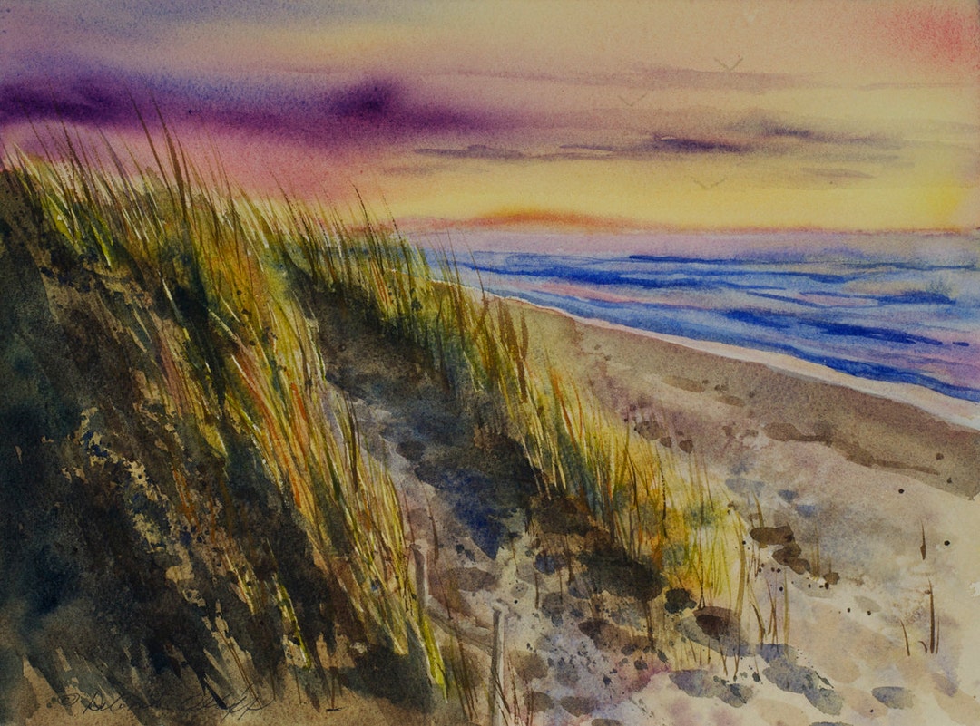 Salmon Creek Beach, Watercolor Print, Seascape, Shore, Coast, Sunset,  Northern California, Beach Grass