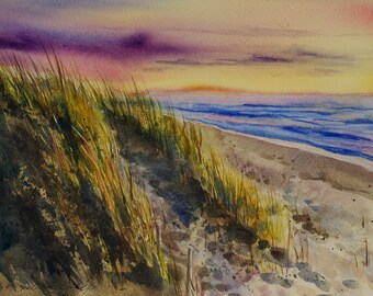 Salmon Creek Beach, Aquarelle Print, Seascape, Shore, Coast, Sunset, Northern California, Beach Grass